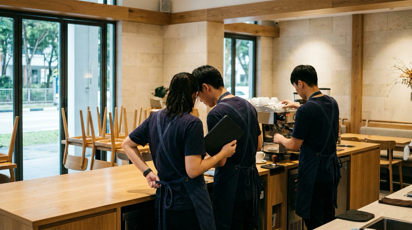 A café team of three behind the counter before opening, one holding a tablet